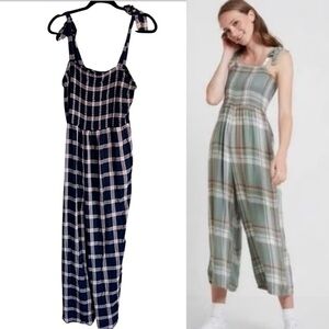 NWT American Eagle Plaid Smocked Jumpsuit in Navy and Cream size XL Tall